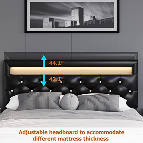 Modern Upholstered Platform Bed Frame with LED Headboard, Faux Leather Low Profile Platform Bed Frame, Strong Wood Slat Support, Adjustable Upholstered Headboard, Easy Assembly, Black, Queen Size
