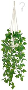 mkono fake hanging plant with pot, artificial plants for home decor indoor macrame plant hanger with faux vines hanging planter greenery for bedroom bathroom kitchen office decor, ivory (pothos)