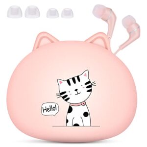 qearfun cat earbuds for kids, kawakii wired earbud & in-ear headphones gift for school girls and boys with microphone and lovely earphones storage case(pink)