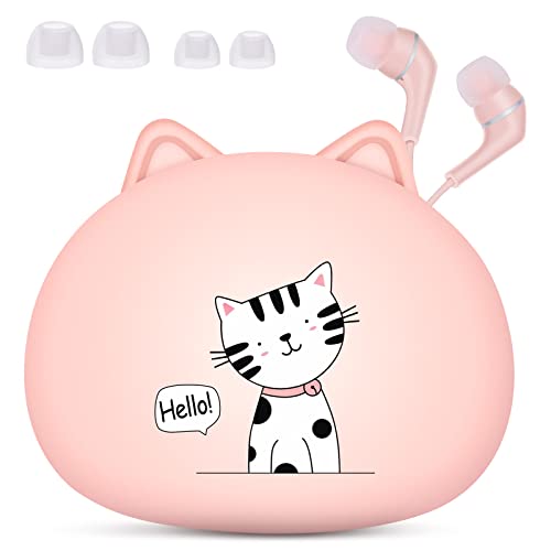 QearFun Cat Earbuds for Kids, Kawakii Wired Earbud & in-Ear Headphones Gift for School Girls and Boys with Microphone and Lovely Earphones Storage Case(Pink)