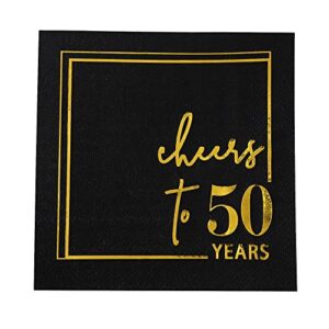 cheers to 50 years cocktail napkins - 50pk - 3-ply 50th birthday napkins 5x5 inches disposable party napkins paper beverage napkins for 50th birthday decorations wedding anniversary black and gold