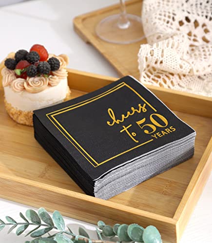 Cheers to 50 Years Cocktail Napkins - 50PK - 3-Ply 50th Birthday Napkins 5x5 Inches Disposable Party Napkins Paper Beverage Napkins for 50th Birthday Decorations Wedding Anniversary Black and Gold