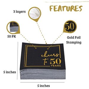 Cheers to 50 Years Cocktail Napkins - 50PK - 3-Ply 50th Birthday Napkins 5x5 Inches Disposable Party Napkins Paper Beverage Napkins for 50th Birthday Decorations Wedding Anniversary Black and Gold
