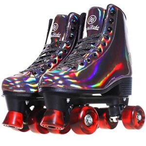 jajahoho roller skates for women, holographic high top pu leather rollerskates, shiny double-row four wheels quad skates for girls and age 8-50 indoor outdoor (size 7, golden black)