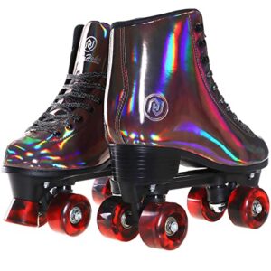 JajaHoho Roller Skates for Women, Holographic High Top PU Leather Rollerskates, Shiny Double-Row Four Wheels Quad Skates for Girls and Age 8-50 Indoor Outdoor (Size 7, Golden Black)