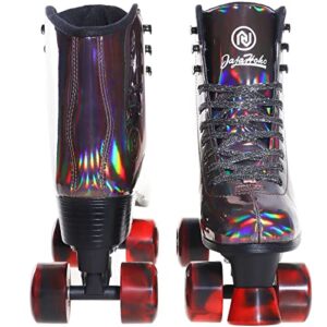 JajaHoho Roller Skates for Women, Holographic High Top PU Leather Rollerskates, Shiny Double-Row Four Wheels Quad Skates for Girls and Age 8-50 Indoor Outdoor (Size 7, Golden Black)