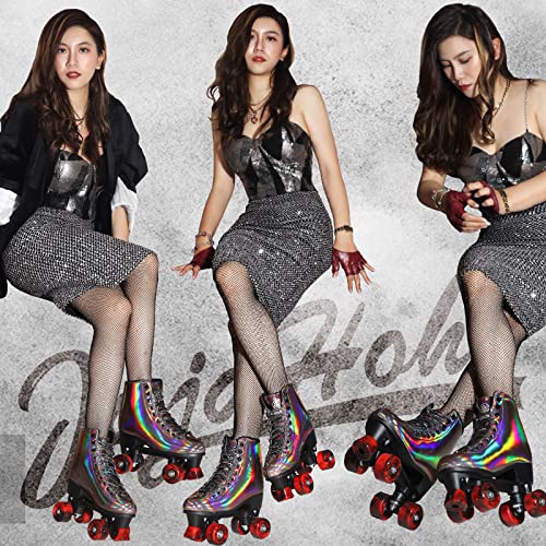 JajaHoho Roller Skates for Women, Holographic High Top PU Leather Rollerskates, Shiny Double-Row Four Wheels Quad Skates for Girls and Age 8-50 Indoor Outdoor (Size 7, Golden Black)