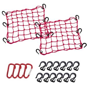thewinio cargo net 15"x15" stretches to 30"x30" with thicken hooks | natural latex core, tight 2”x2” mesh small heavy duty bungee net for motorcycle helmet, bike, atv, utv, luggage (red, 2 pack)