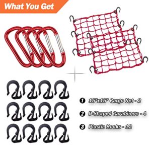 Thewinio Cargo Net 15"x15" Stretches to 30"x30" with Thicken Hooks | Natural Latex Core, Tight 2”x2” Mesh Small Heavy Duty Bungee Net for Motorcycle Helmet, Bike, ATV, UTV, Luggage (Red, 2 Pack)