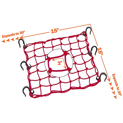 Thewinio Cargo Net 15"x15" Stretches to 30"x30" with Thicken Hooks | Natural Latex Core, Tight 2”x2” Mesh Small Heavy Duty Bungee Net for Motorcycle Helmet, Bike, ATV, UTV, Luggage (Red, 2 Pack)