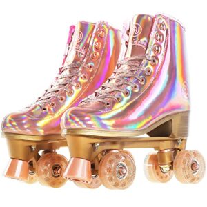 jajahoho roller skates for women, holographic high top pu leather rollerskates, shiny double-row four wheels quad skates for girls and age 8-50 indoor outdoor (size 8, rose gold)
