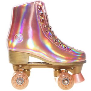 JajaHoho Roller Skates for Women, Holographic High Top PU Leather Rollerskates, Shiny Double-Row Four Wheels Quad Skates for Girls and Age 8-50 Indoor Outdoor (Size 8, Rose Gold)
