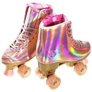 JajaHoho Roller Skates for Women, Holographic High Top PU Leather Rollerskates, Shiny Double-Row Four Wheels Quad Skates for Girls and Age 8-50 Indoor Outdoor (Size 8, Rose Gold)