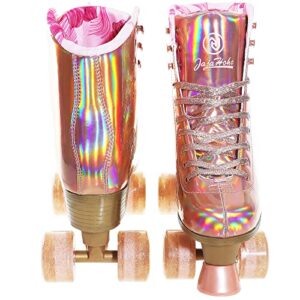 JajaHoho Roller Skates for Women, Holographic High Top PU Leather Rollerskates, Shiny Double-Row Four Wheels Quad Skates for Girls and Age 8-50 Indoor Outdoor (Size 8, Rose Gold)