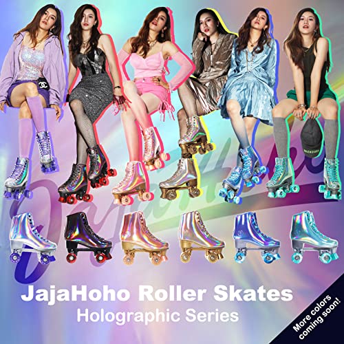 JajaHoho Roller Skates for Women, Holographic High Top PU Leather Rollerskates, Shiny Double-Row Four Wheels Quad Skates for Girls and Age 8-50 Indoor Outdoor (Size 8, Rose Gold)