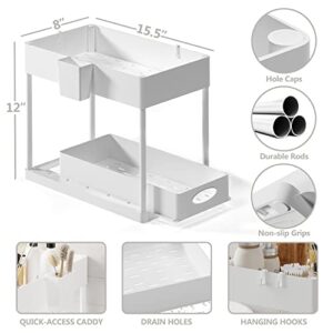 Under Sink Organizers and Storage, Bathroom Cabinet Organizer, Sink Shelf with Utility Hooks and Side Caddy for Under Cabinet Storage | Under Kitchen Sink Organizer with Sliding Drawer, White (1-Pack)