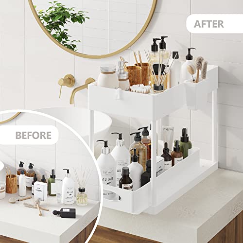 Under Sink Organizers and Storage, Bathroom Cabinet Organizer, Sink Shelf with Utility Hooks and Side Caddy for Under Cabinet Storage | Under Kitchen Sink Organizer with Sliding Drawer, White (1-Pack)