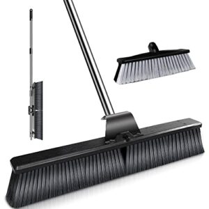 znm push broom outdoor 24.8 inch heavy duty broom with stiff bristles & 56.7" long handle, garage brooms for sweeping shop, deck, yard, patio, garden, concrete floor, 2 brush heads