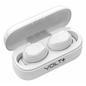 volt plus tech slim travel wireless v5.1 earbuds compatible with your bose soundsport updated micro thin case with quad mic 8d bass ipx7 waterproof/sweatproof (white)