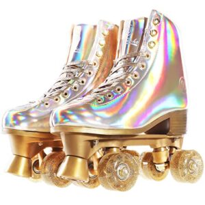 jajahoho roller skates for women, holographic high top pu leather rollerskates, shiny double-row four wheels quad skates for girls and age 8-50 indoor outdoor (size 5, champagne gold)