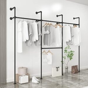 industrial pipe clothing rack,moden commercial grade pipe clothes racks,wall mounted closet storage rack,hanging clothes retail display rack,heavy duty steampunk garment racks,black(three,staggered)