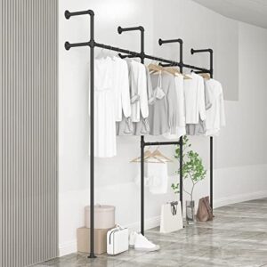 Industrial Pipe Clothing Rack,Moden Commercial Grade Pipe Clothes Racks,Wall Mounted Closet Storage Rack,Hanging Clothes Retail Display Rack,Heavy Duty Steampunk Garment Racks,Black(Three,Staggered)