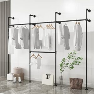 Industrial Pipe Clothing Rack,Moden Commercial Grade Pipe Clothes Racks,Wall Mounted Closet Storage Rack,Hanging Clothes Retail Display Rack,Heavy Duty Steampunk Garment Racks,Black(Three,Staggered)