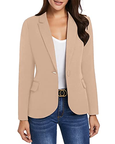 luvamia Women's Notched Lapel Neck Long Sleeves One Button Pocketed Blazer Jacket Wear to Work Suit Light Jackets for Women Casual Tan Blazer Women Sienna Sand Size X-Large