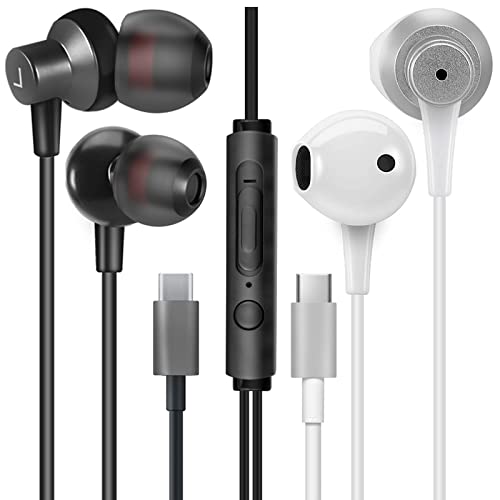 MAS CARNEY 【2 Pack Black+White】 Digital USB Type C Earphones, TI3/TH4 USB C Earbuds,in-Ear Earbud Noise Isolating Pure Sound and Powerful Bass for USB-C Type-c Music Device