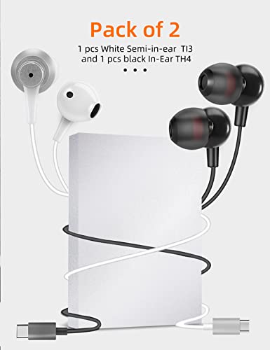 MAS CARNEY 【2 Pack Black+White】 Digital USB Type C Earphones, TI3/TH4 USB C Earbuds,in-Ear Earbud Noise Isolating Pure Sound and Powerful Bass for USB-C Type-c Music Device