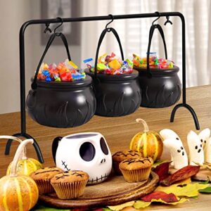 rocinha halloween candy bowls decoration, 3 pcs witches cauldron serving bowls with iron rack, black plastic hocus pocus candy bucket for halloween party indoor outdoor home kitchen decorations