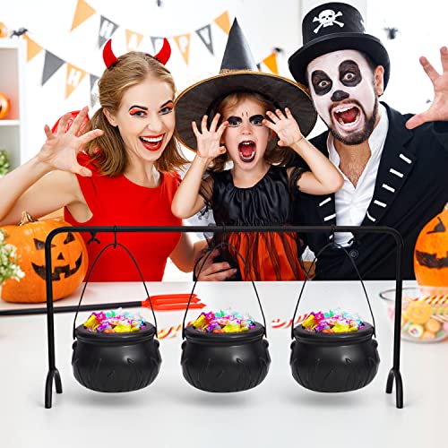 Rocinha Halloween Candy Bowls Decoration, 3 Pcs Witches Cauldron Serving Bowls with Iron Rack, Black Plastic Hocus Pocus Candy Bucket for Halloween Party Indoor Outdoor Home Kitchen Decorations