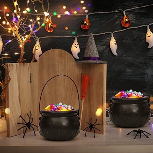 Rocinha Halloween Candy Bowls Decoration, 3 Pcs Witches Cauldron Serving Bowls with Iron Rack, Black Plastic Hocus Pocus Candy Bucket for Halloween Party Indoor Outdoor Home Kitchen Decorations