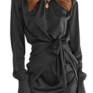 PRETTYGARDEN Women's 2023 Fall Satin Dress Long Sleeve Tie Waist Elegant Cocktail Party Mini Dresses (Black,Small)