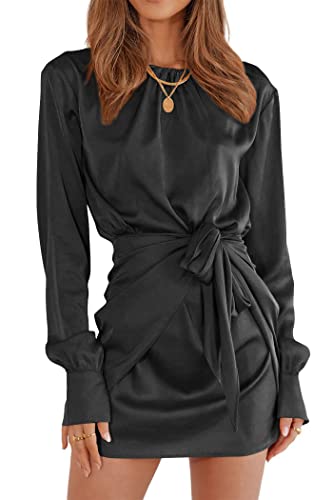 PRETTYGARDEN Women's 2023 Fall Satin Dress Long Sleeve Tie Waist Elegant Cocktail Party Mini Dresses (Black,Small)