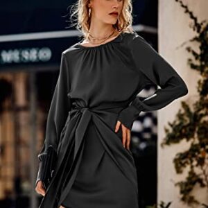 PRETTYGARDEN Women's 2023 Fall Satin Dress Long Sleeve Tie Waist Elegant Cocktail Party Mini Dresses (Black,Small)