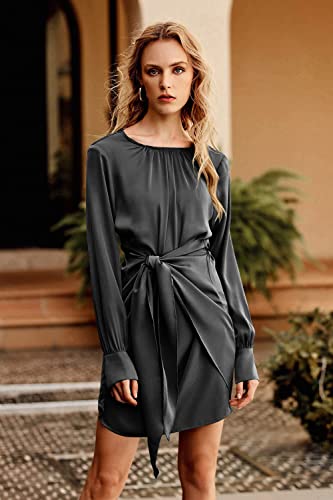 PRETTYGARDEN Women's 2023 Fall Satin Dress Long Sleeve Tie Waist Elegant Cocktail Party Mini Dresses (Black,Small)