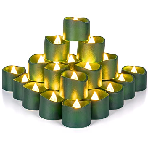 Homemory 24Pcs Green Tea Lights Battery Operated, Flameless Flickering Green Candles, Holiday Candles for Christmas, Home Decor, Theme Party