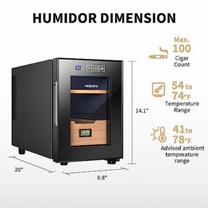 NEEDONE Humidor 16L with Cooling and Heating Temperature Control System, Electric Cooler for 100 Counts with Digital Hygrometer, Made with Spanish Cedar Wood, Gift for Men, 2 Layers