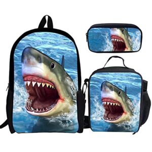 Printpub Ferocious Shark Theme 3PCS School Bag Set Kids Lightweight Backpack Travel Meal Bag Small Tool Kit