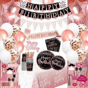 birthday decorations for women rose gold - (total 170pcs) happy birthday supplies for women, balloons,tablecloth,foil backdrops,plates,cups,photo props,sash,tableware for 24 guests