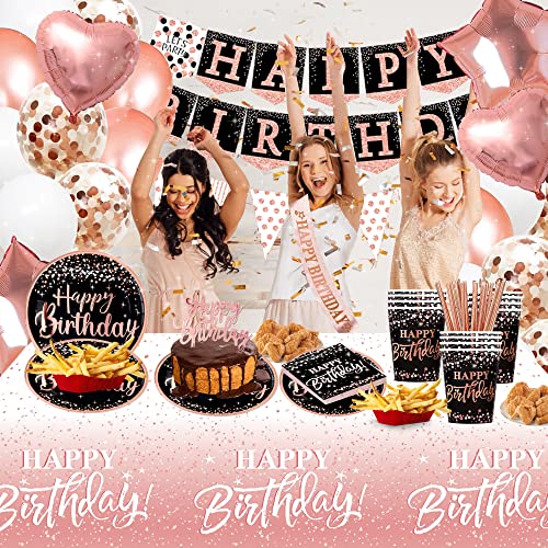 birthday decorations for women rose gold - (Total 170pcs) happy birthday Supplies for women, Balloons,tablecloth,Foil Backdrops,Plates,Cups,Photo Props,Sash,Tableware for 24 Guests