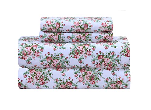 Feather & Stitch Softest 100% Cotton Sheets, 4 Pc Set, 300 Thread Count Percale Weave Bedding, 16" Deep Pocket, Cooling Sheets, Breathable Bed Set (Full, Sheet Sets, Floral)