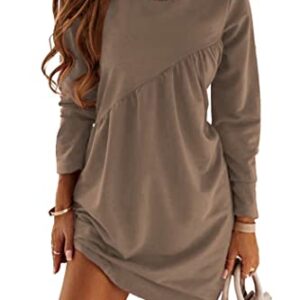 PRETTYGARDEN Women's Long Sleeve Mini Tunic Dress Casual Crewneck Loose Flowy Shift Ruched Dresses (Khaki,Medium)