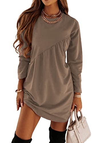 PRETTYGARDEN Women's Long Sleeve Mini Tunic Dress Casual Crewneck Loose Flowy Shift Ruched Dresses (Khaki,Medium)