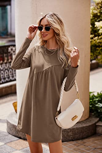 PRETTYGARDEN Women's Long Sleeve Mini Tunic Dress Casual Crewneck Loose Flowy Shift Ruched Dresses (Khaki,Medium)