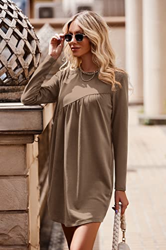 PRETTYGARDEN Women's Long Sleeve Mini Tunic Dress Casual Crewneck Loose Flowy Shift Ruched Dresses (Khaki,Medium)