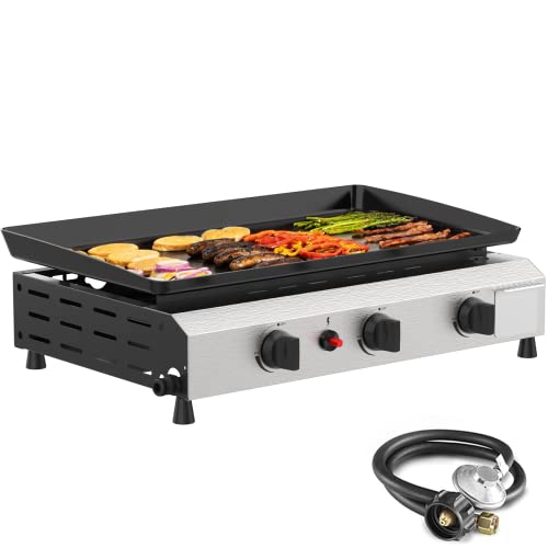 SKOK 3 Burner Gas Griddle- 23.3 Inch Outdoor Propane Griddle- 30000 BTU Propane Fuelled, Portable Flat Top Gas Grill Camping Griddle Station with Side Shelves for Kitchen, Outdoor BBQ, Camping Tailgating or Picnicking (Gas Griddle)