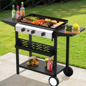 SKOK 3 Burner Gas Griddle- 23.3 Inch Outdoor Propane Griddle- 30000 BTU Propane Fuelled, Portable Flat Top Gas Grill Camping Griddle Station with Side Shelves for Kitchen, Outdoor BBQ, Camping Tailgating or Picnicking (Gas Griddle)