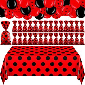 73 pcs ladybug party supplies, 52 x 87 inch ladybug tablecloth, 48 pcs red treat goodie bags candy bag with twist ties, 24 pcs red black latex balloon for ladybug themed birthday wedding decoration
